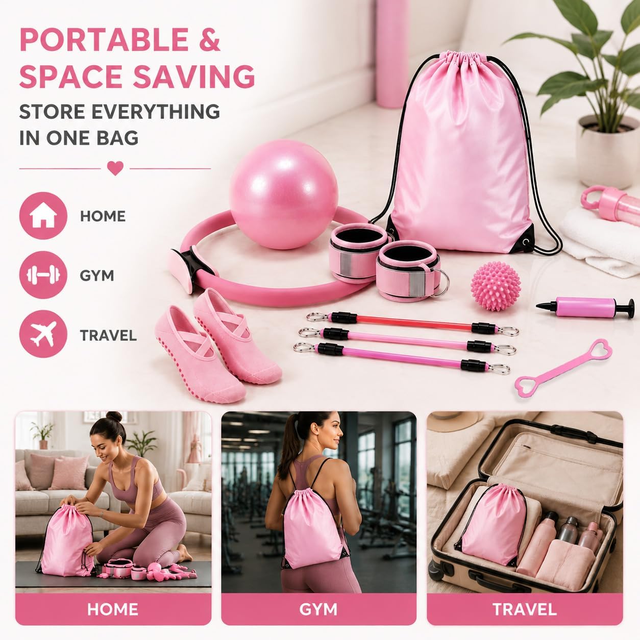 Pilates Kit at Home for Women, Pilates Starter Kit with Ring Ball Bands & Workout Guide, Home Pilates Workout Kit, Pink Pilates Set for Beginner Pilates Equipment for Home Workouts