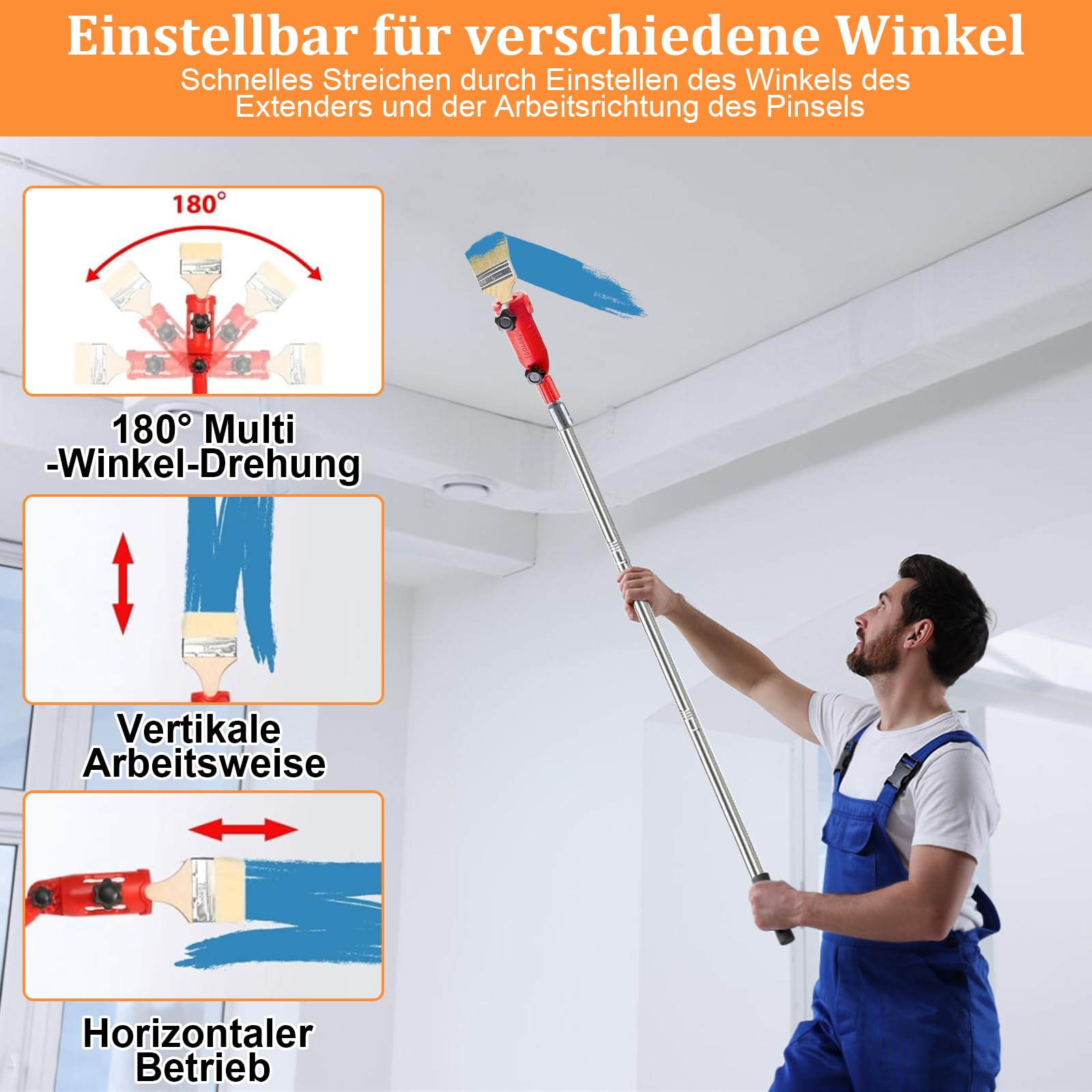 Mehrwinkel Pinsel Verlängerung mit 2 Farbpinseln, Farbpinsel Verlängerung, Multi Angle Paint Brush Extender, Einziehbare Verlängerungsstange für Wände, Decken & Ecken