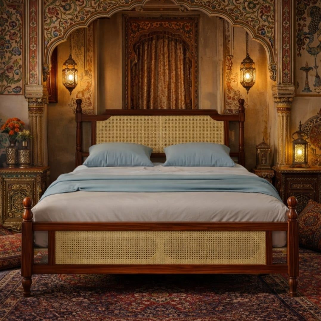 JANGHU FURNITUREWALA Wooden/Rattan/Cane/Queen Size Bed Without Storage -Sheesham Wood -King Cot -Palang -Bed Stylish Bedroom Furniture/Hotel Furniture (Flor De Cerezo, Honey Finish) Rattan/Cane Bed-image-2