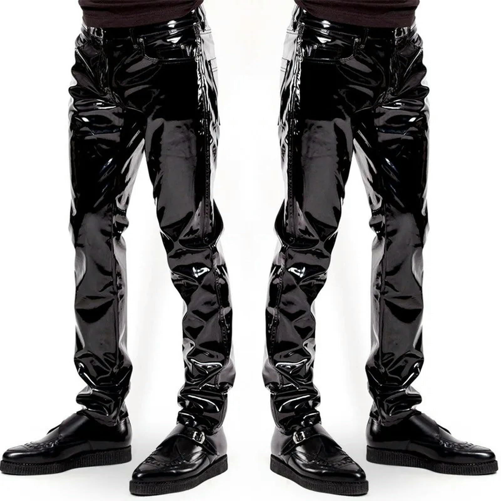WEITING Pantaloni da Uomo in Lattice Lucido Pantaloni in Pelle PVC Moto Discoteca Spettacolo teatrale Leggings Effetto Bagnato Casual Streetwear Pantalon-Nero-S
