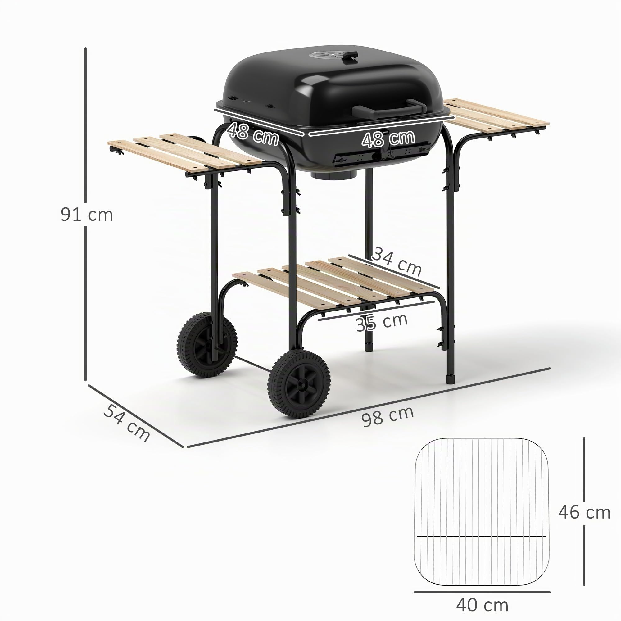 Outsunny Carrello di cottura per barbecue a carbonella con superficie di cottura di 1840 cm², affumicatore portatile per barbecue con griglia, coperchio, ripiani e ruote, per picnic in campeggio, nero