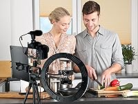 Vista 9 de Acuvar Kit de vlogging profesional para iPhone, Android y tabletas: luz de anillo, trípode, micrófono, control remoto, kit de creador de contenido