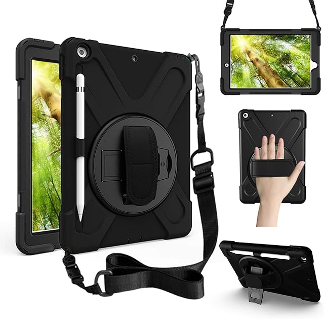 Zenrich iPad 9th Generation Case, iPad 8th/7th Generation 10.2 Case with Pencil Holder Kickstand Hand Strap and Shoulder Strap, Kids Rugged Shockproof Case for iPad 10.2 inch 2021/2020/2019