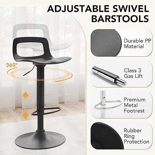 Miniatura 4 de thksbought Juego de 2 taburetes de bar, taburetes de bar giratorios de plástico ajustables, taburetes modernos con respaldo abierto y reposapiés,
