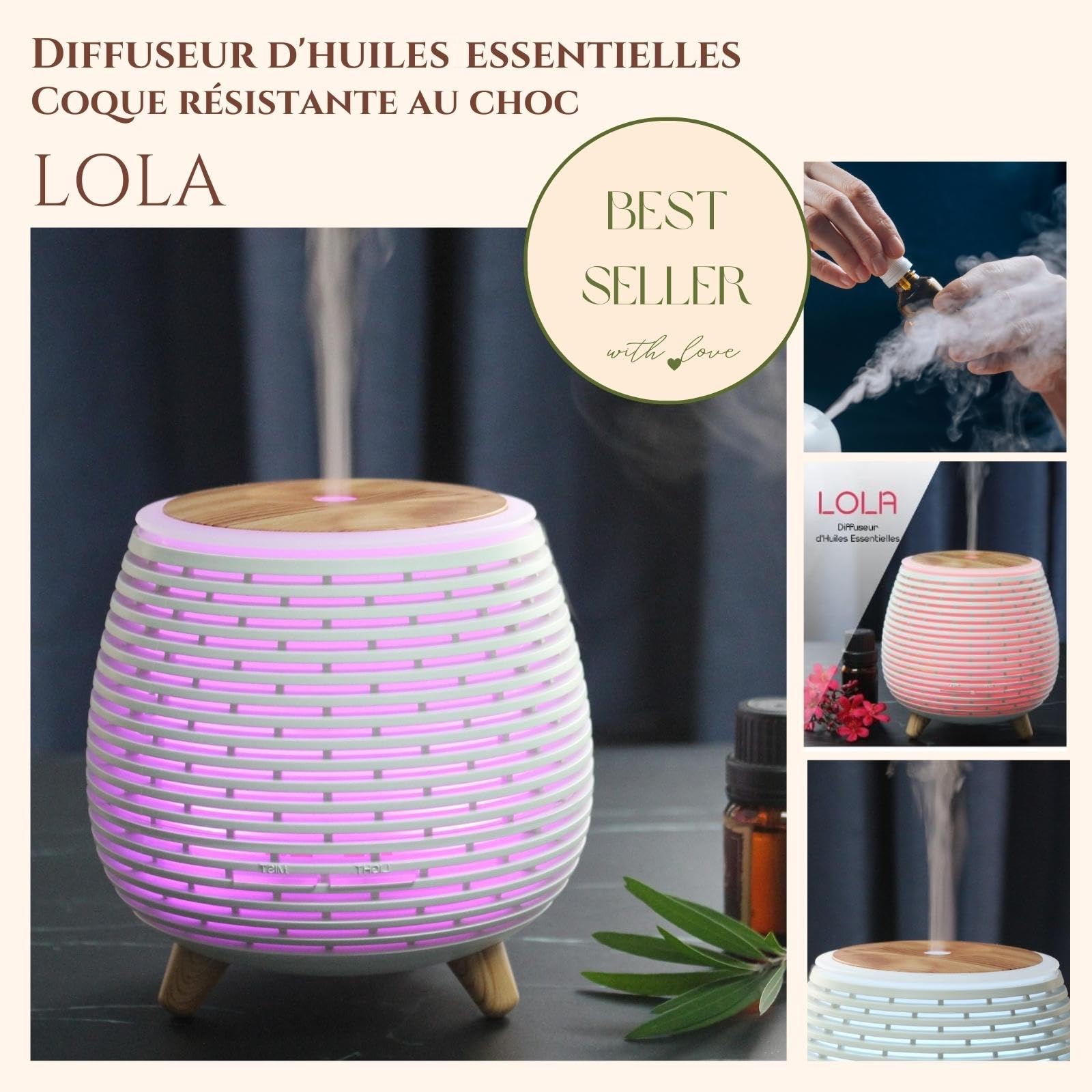 Zen'Aroma Difusor de Aceite Esencial Lola, difusor ultrasónico de aromaterapia fría difusor de Perfume eléctrico USB, 2 Modos de difusión, Apagado automático, iluminación LED, silenciador y Compacto