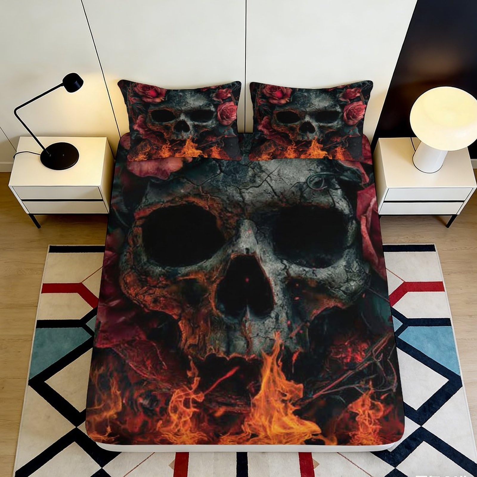 3D Printed Skull Flame Fitted Sheet Microfiber Elastic Hem Deep Pocket Skull Mattress Fitted Cover for Bedroom Use 160x200x25cm