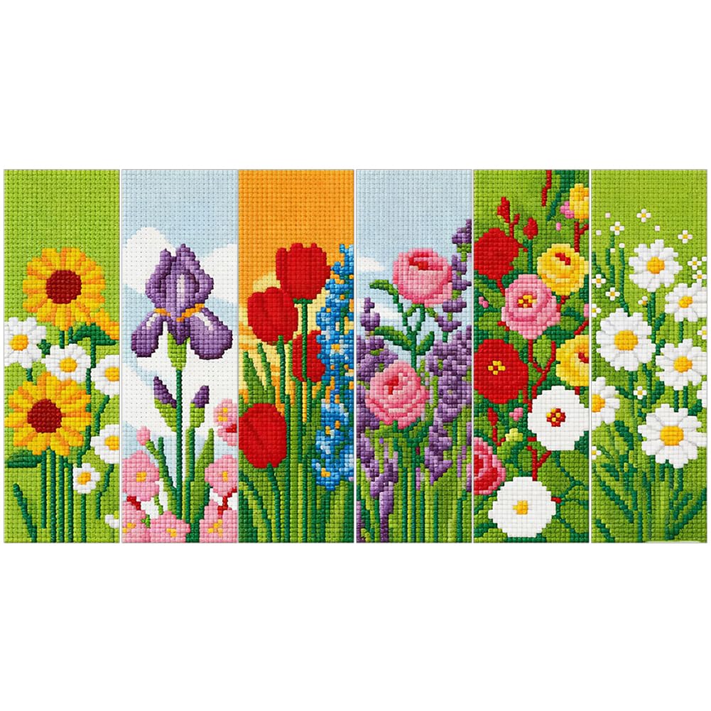 6 Pcs Flowers 11 CT DIY Stamped Cross Stitch Bookmark Kit for Book Lovers Starter Embroidery Bookmark Kit with Instruction 8x2.4inch