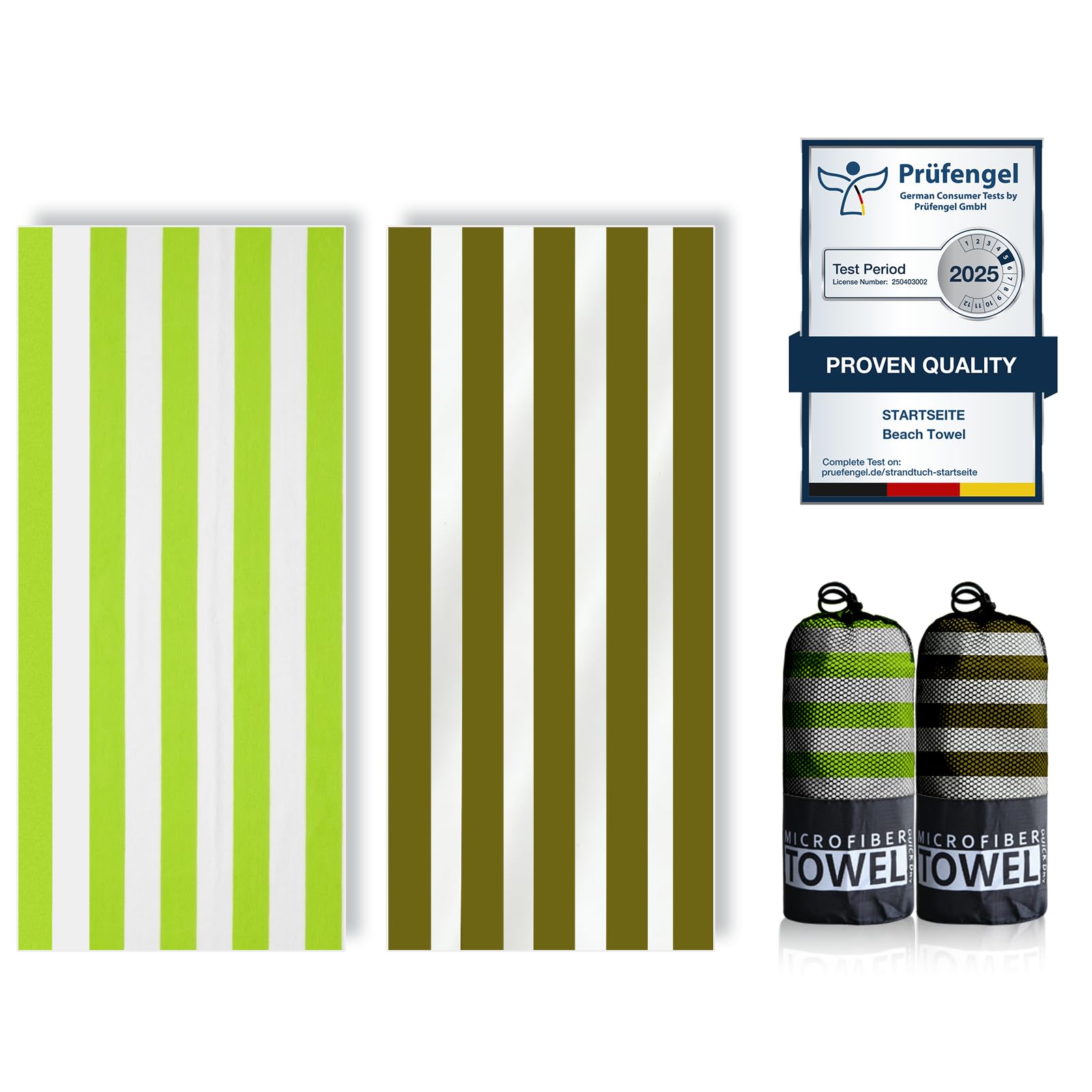 Microfibre Beach Towels for Adults - 200x90cm 2 Pack Extra Large Beach Towels in Gift Boxed,250 GSM, Sand Free, Lightweight & Quick Dry Beach Towel for Swim, Travel(Light green and dark green stripes)