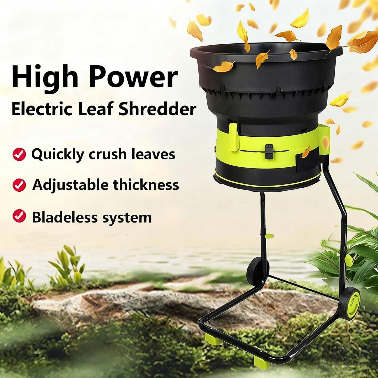 Trituradora Eléctrica de Hojas Triturador Portátil sin Cuchillas con Ruedas a 8000 rpm para Hojas de Jardín y Compost