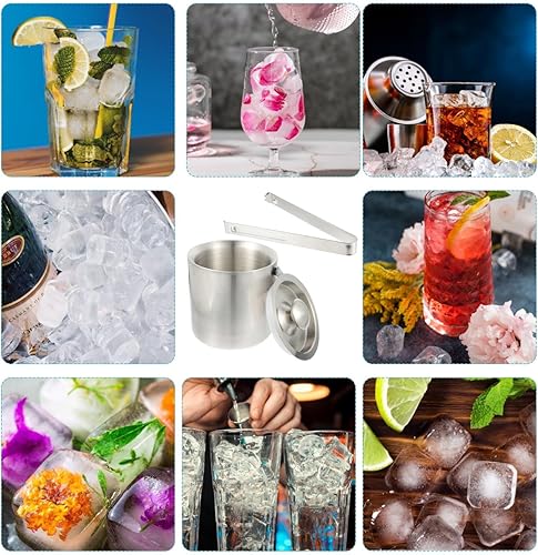 Miniatura 6 de Hemoton Cubo de hielo de acero inoxidable con pinzas de tapa y colador, barril de hielo de doble pared de 1.3 L, cubo de hielo aislado, soporte para