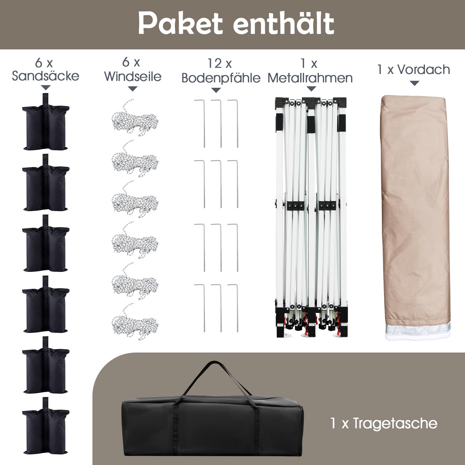 RELAX4LIFE Pavillon, Pop Up Faltpavillon 3x6m, Partyzelt Wasserabweisend & Stabil, Gartenzelt Höhenverstellbar, UV-Schutz 50+, Gartenpavillon Faltbar mit Tasche (Beige)