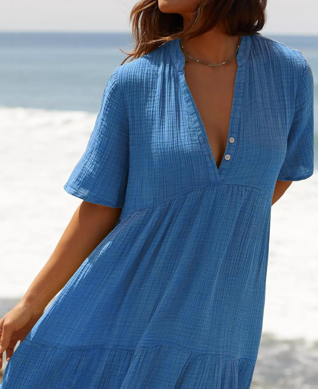 R.Vivimos Womens Summer Cotton Flowy Maxi Dress Short Sleeve V Neck Empire Waist Boho Tiered Ruffle Casual Loose Long Dresses - Image 4