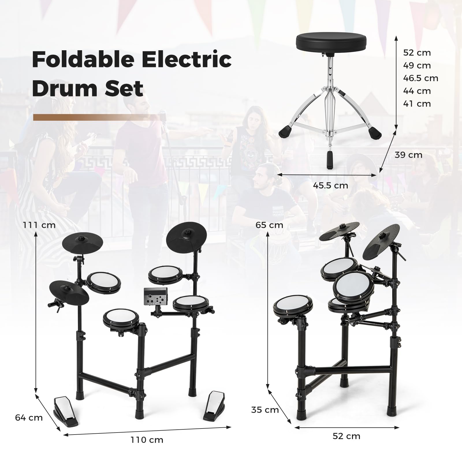 RELAX4LIFE Set di Batteria Elettronica Pieghevole con Pad, Piatti da 24 cm, 150 Suoni, 10 Demo, Interfaccia MIDI USB, Pedali, Bacchette, Sgabello Regolabile e Cuffie, per Principianti e Professionisti