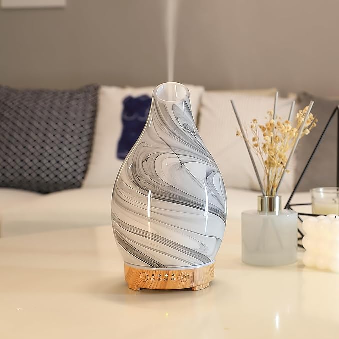Classical Vase Art Glass Aromatherapy Diffuser 160ml ultrasonic Cool Mist Scent Aroma Essential Oil Diffu er Humidifier with Intermittent Mist & LED 7 Colorful Changing Night Light for Bedroom