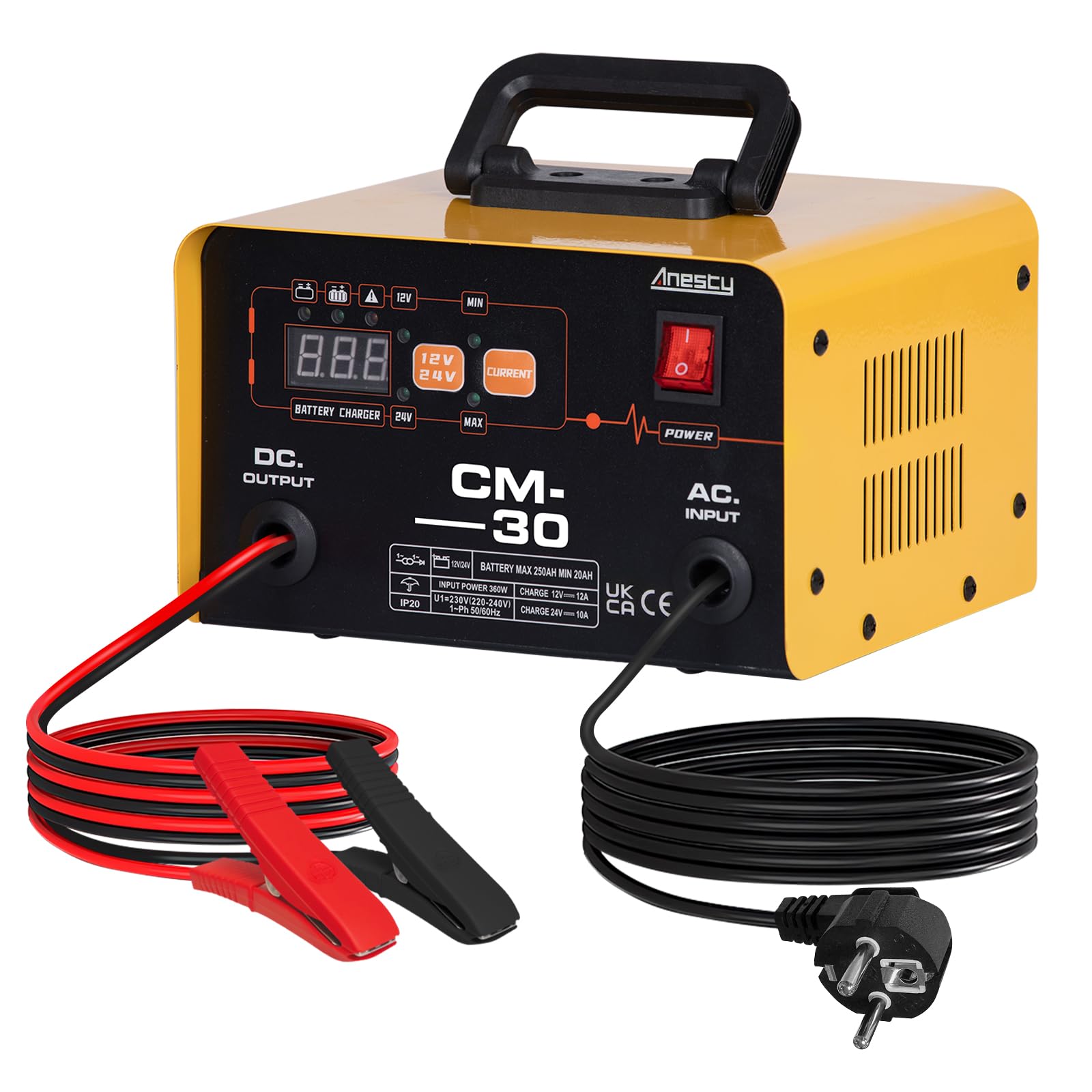 Anesty Autobatterie Ladegerät 12V/24V Smart KFZ Batterieladegerät 20-250Ah mit Schutzfunktion für Autos, LKW, Traktor, AGM, Gel Blei Säure Batterien