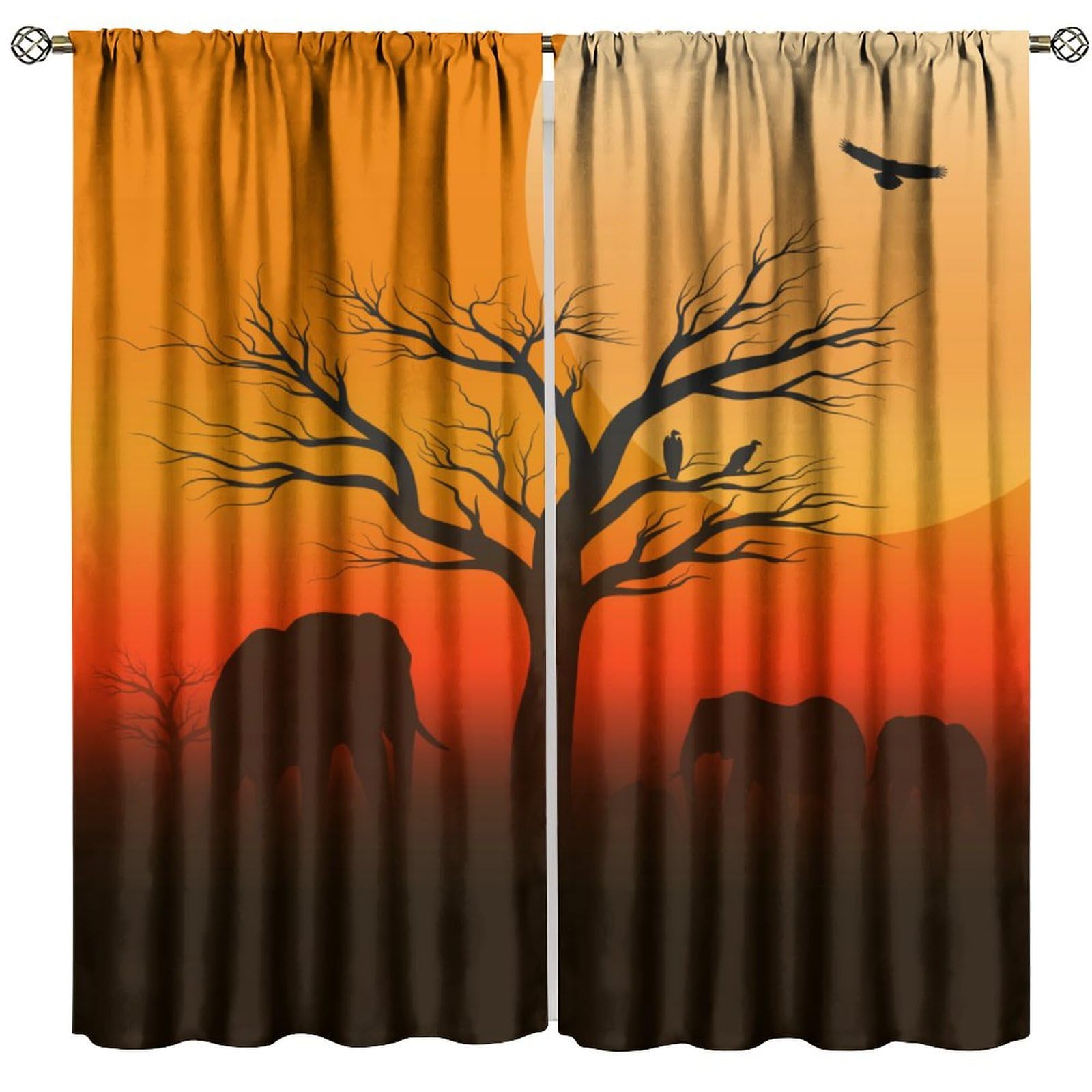 BenYaSong African Elephant Blackout Window Curtains 3D Elephant Family Mom and Baby Curtains Sunset for Home Kitchen Livingroom Coffee Room Window Curtain 2Panel 63" W X 63" L