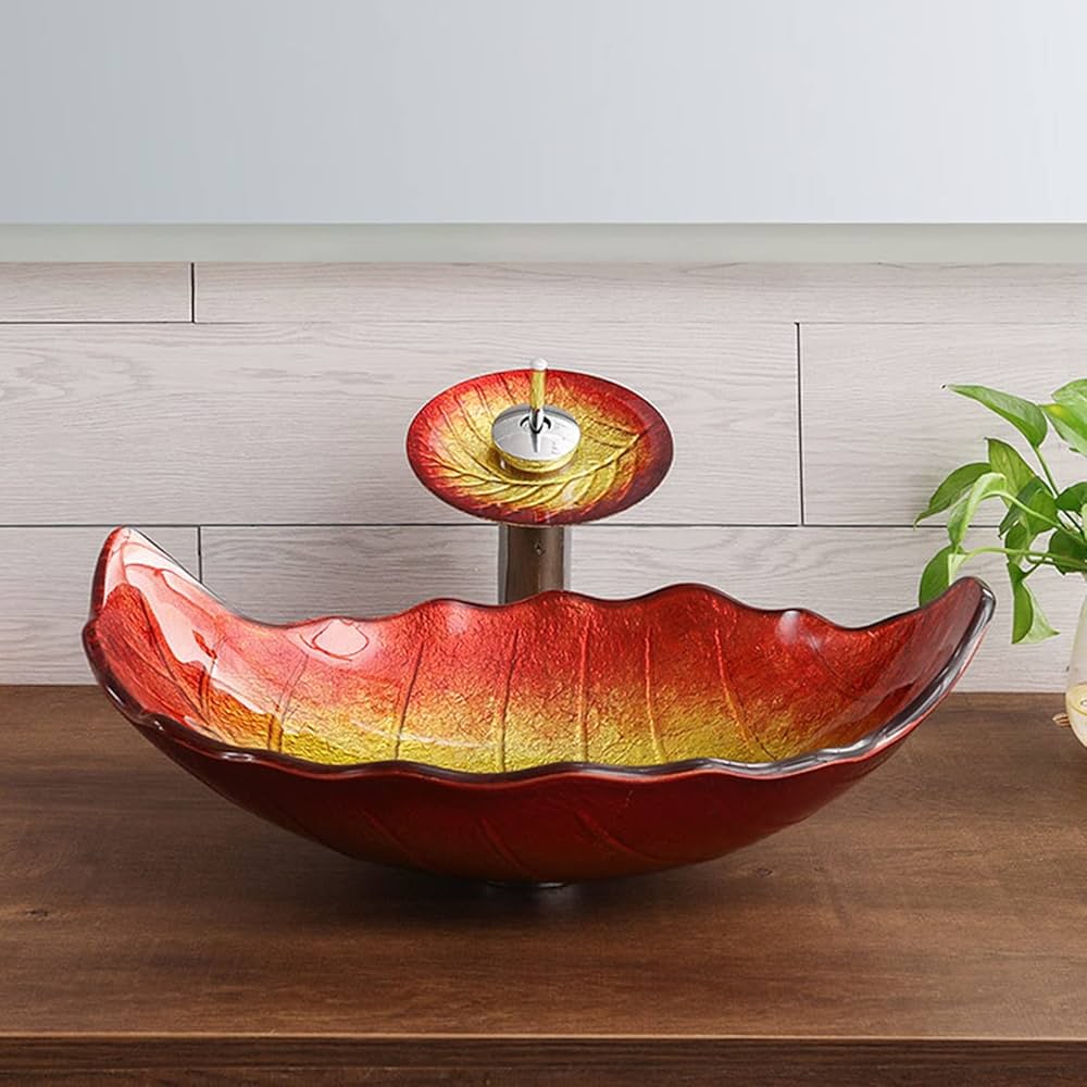 強化ガラス 洗面台蝶形シンク滝の蛇口付き バスルーム シンク バニティ シンク 強化ガラス 洗面台蝶形シンク滝の蛇口付き バスルーム シンク