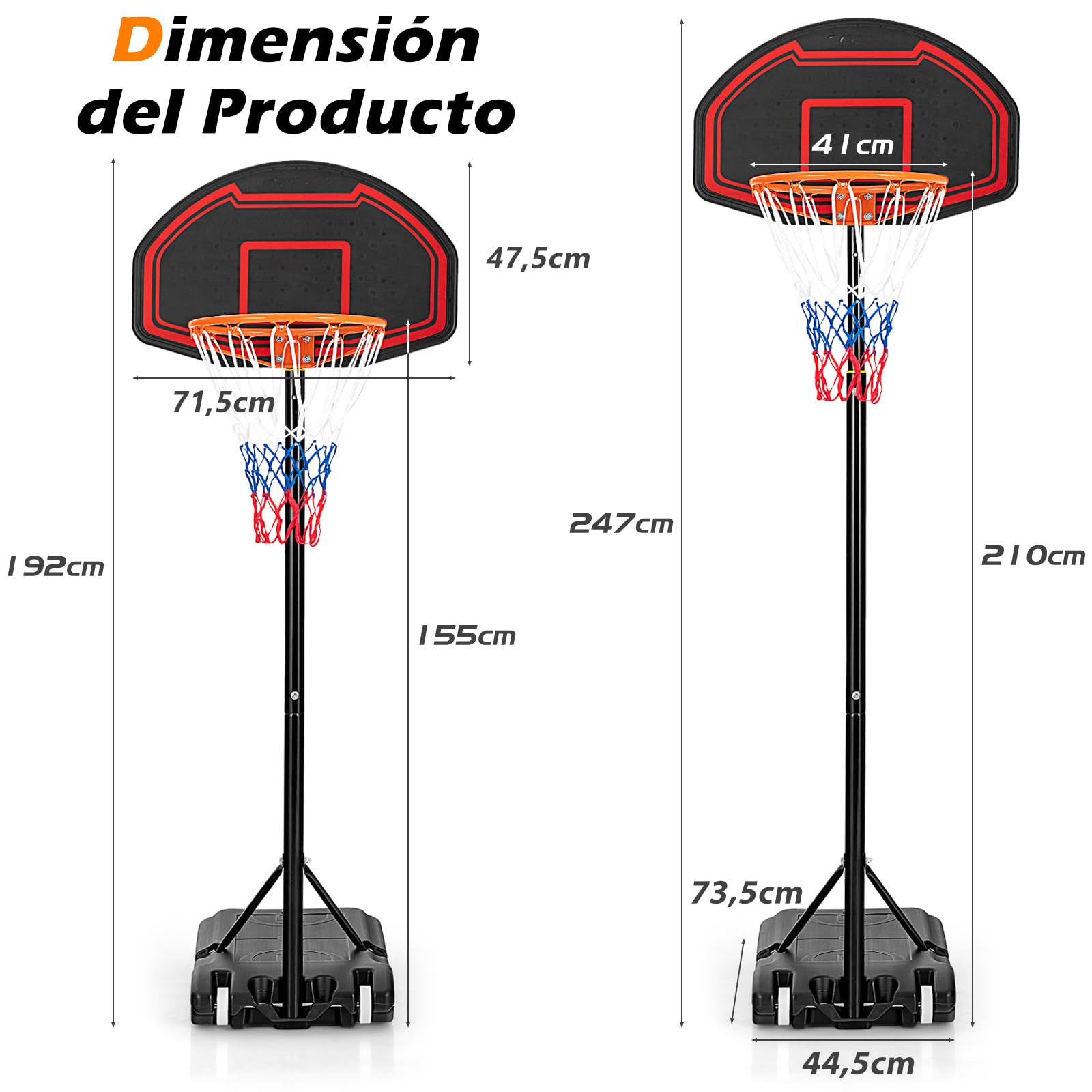 GYMAX Canasta de Baloncesto de 155 a 210 cm, Altura Ajustable con Red y Pared Trasera Irrompible, Cesta de Baloncesto Infantil con Base Rellenable y 2 Ruedas para Interior y Exterior