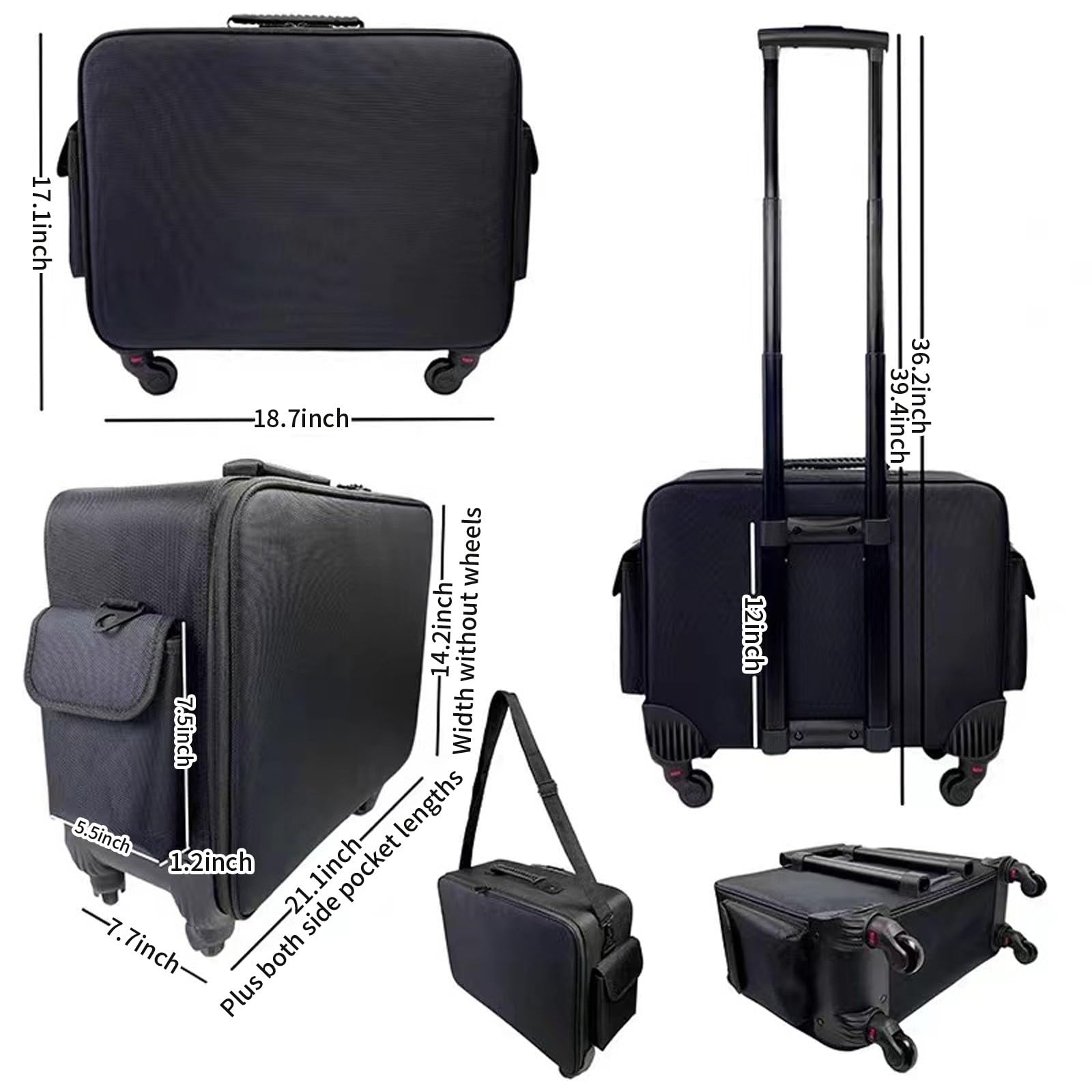 Valigia per cosmetici a più livelli, impermeabile, organizer per trucchi con carrello retrattile, 48,7 cm, Nero