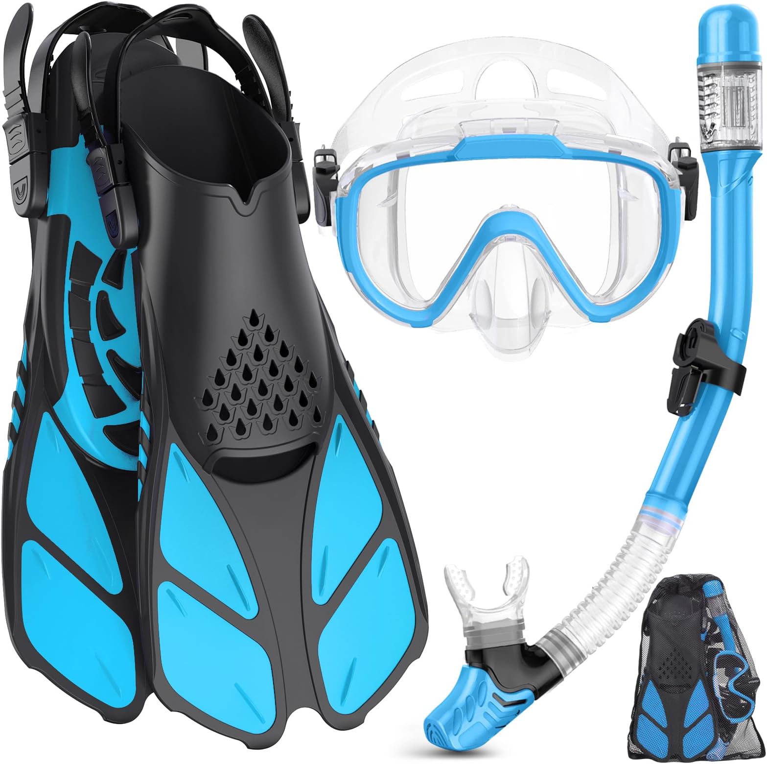 Snorkeling Gear for Adults Men Women,4 in 1 Snorkel Set with Panoramic View Diving Mask Anti-Fog Anti-Leak,Dry Top Snorkel,Fins and Travel Bag for Swimming,Snorkeling and Travel Diving