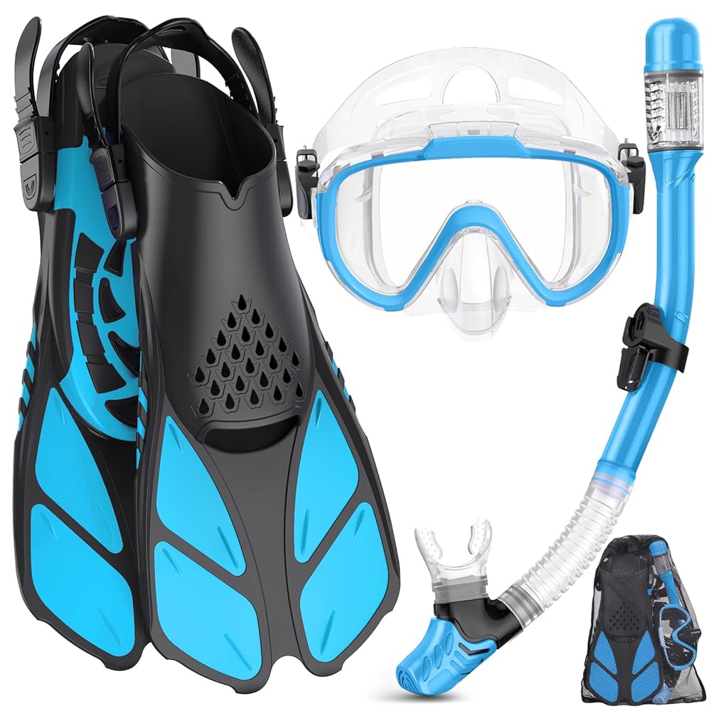 Ubekezele Snorkeling Gear for Adults Men Women,4 in 1 Snorkel Set with Panoramic View Diving Mask Anti-Fog Anti-Leak,Dry Top Snorkel,Fins and Travel Bag for Swimming,Snorkeling and Travel Diving