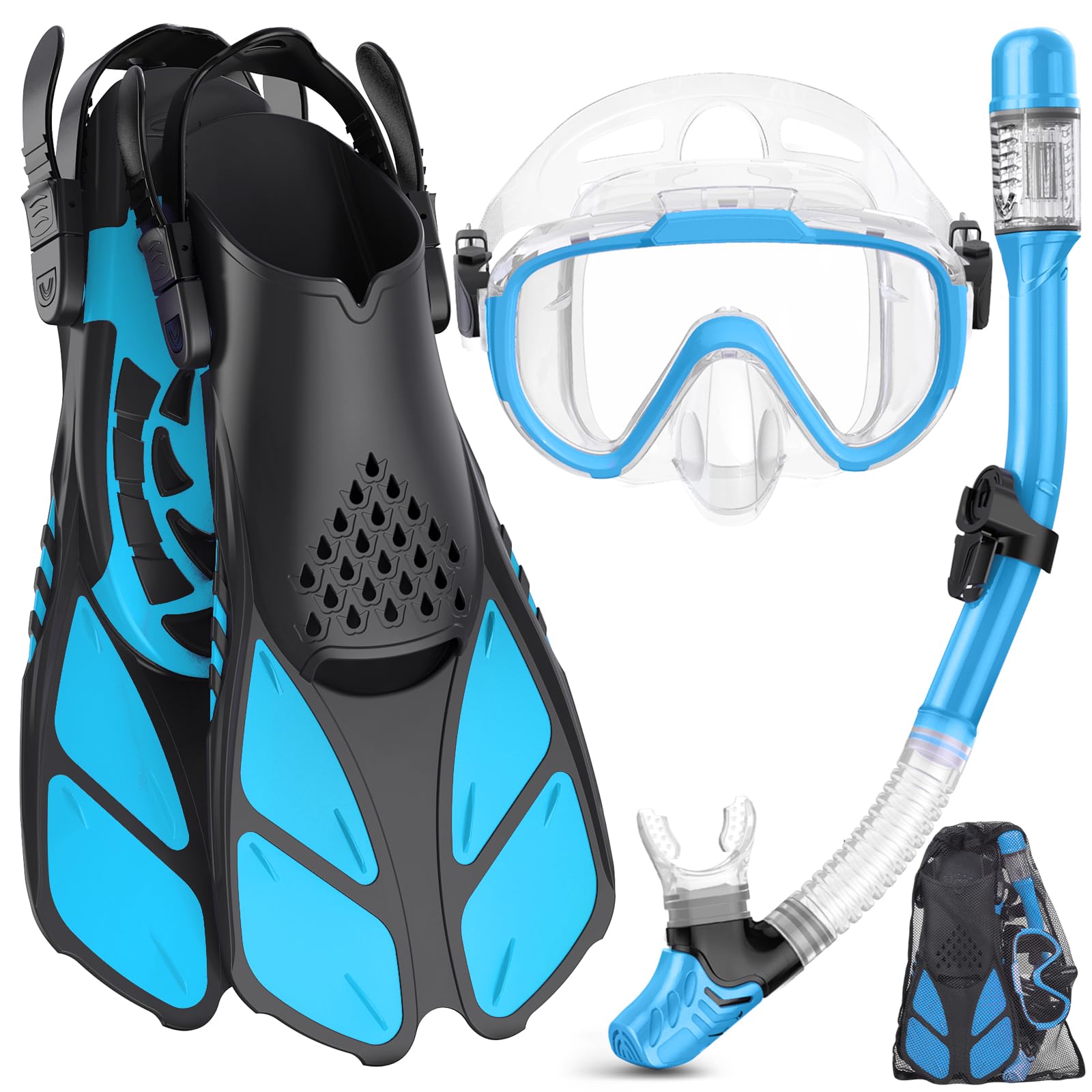 Snorkeling Gear for Adults Men Women,4 in 1 Snorkel Set with Panoramic View Diving Mask Anti-Fog Anti-Leak,Dry Top Snorkel,Fins and Travel Bag for Swimming,Snorkeling and Travel Diving