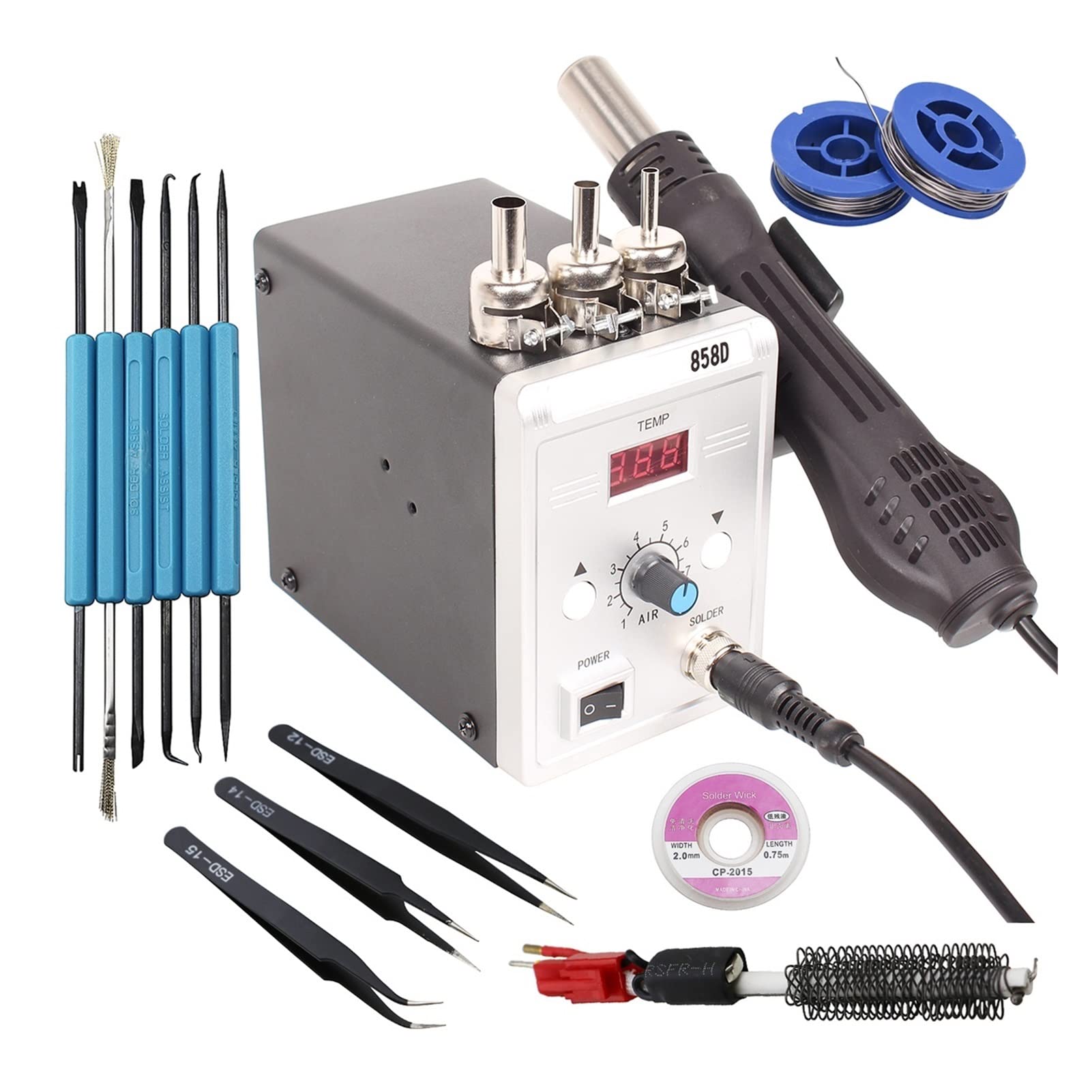 Stacja lutownicza, 858D Soldering Station Solder Iron Desoldering Station BGA Rework Solder Station Hot Air Gun Rework Solder Repair(Set-5)