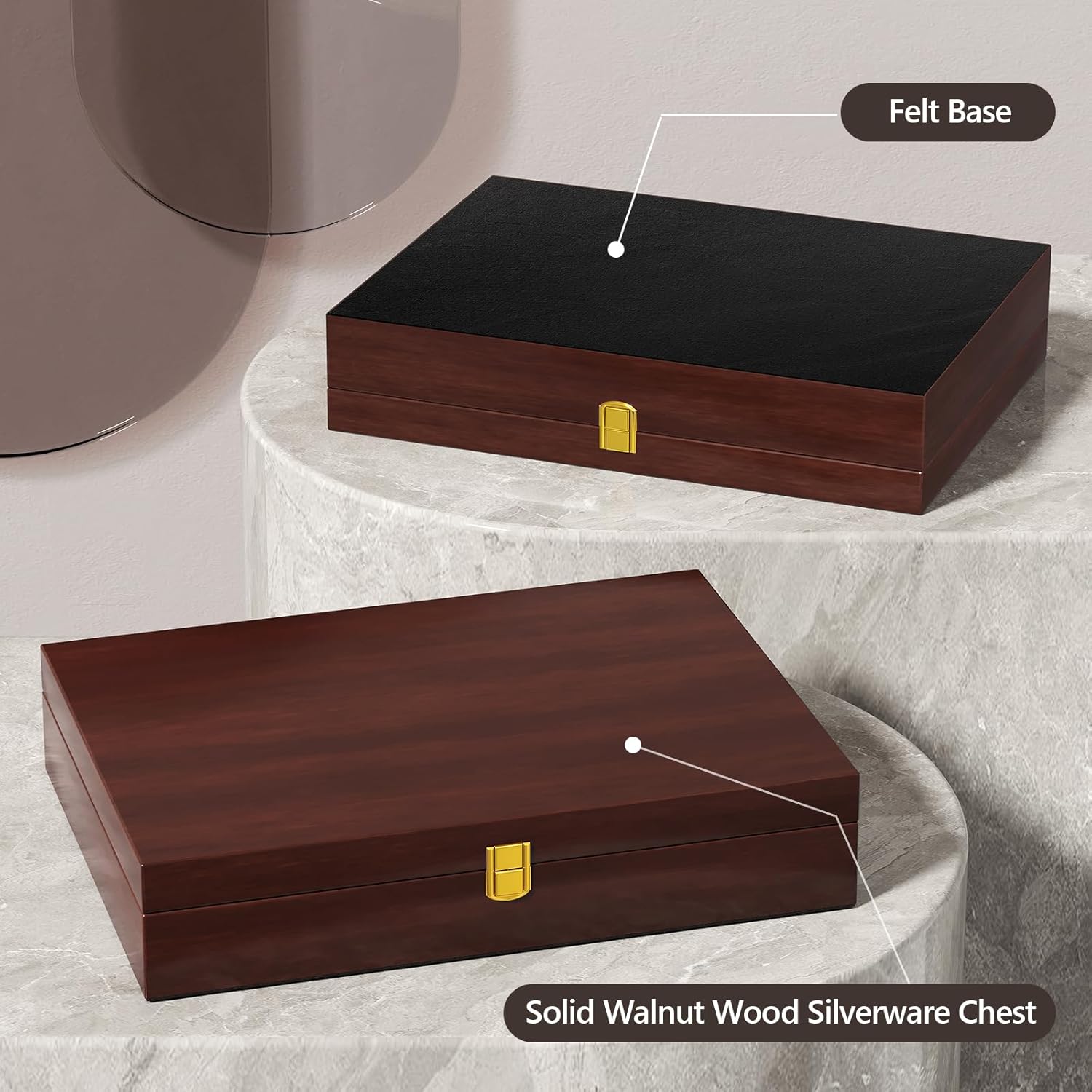 Walnut Silverware Storage Box,Silverware Flatware Case with Felt Lined,Silverware Chest without Silverware,Silverware Organizer with Lid,Flatware Storage Box for 12 sets of Utensils（Brown） - Image 2