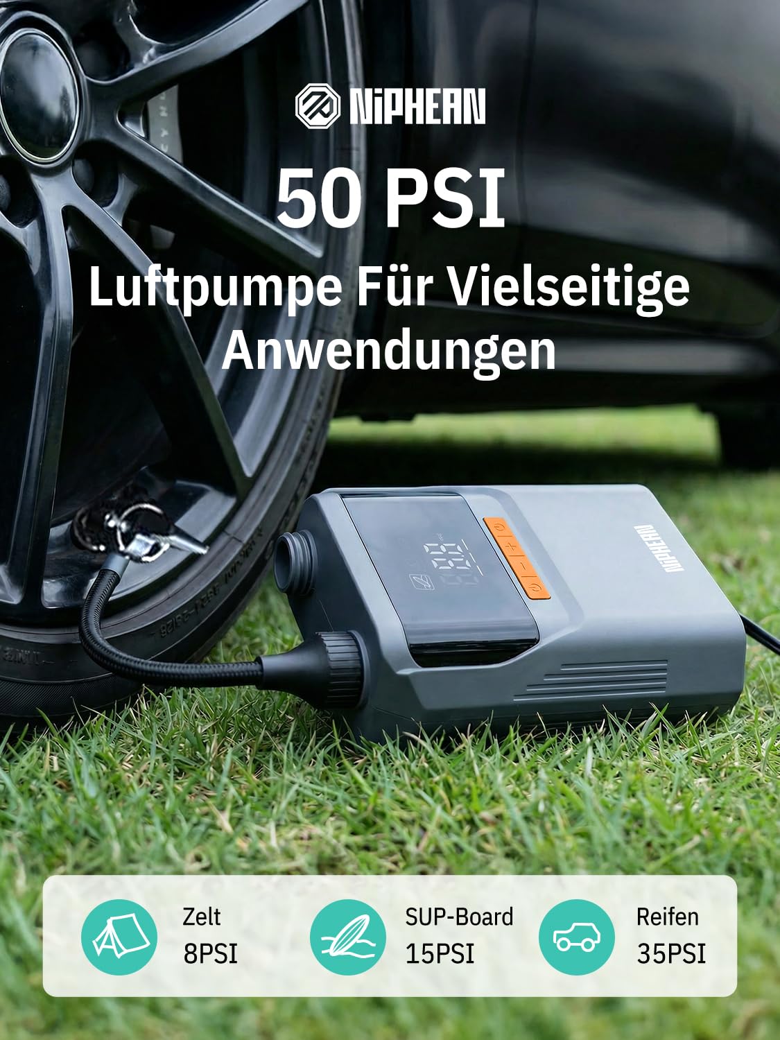 Niphean Elektrische Luftpumpe Akku, 50 PSI Luftpumpe Elektrisch für Autoreifen, Fahrrad, Luftmatratze, SUP Pumpe Elektrisch mit Tragetasche, Akku Pumpe mit Auto-Stopp für Aufblasbares&Entlüftung