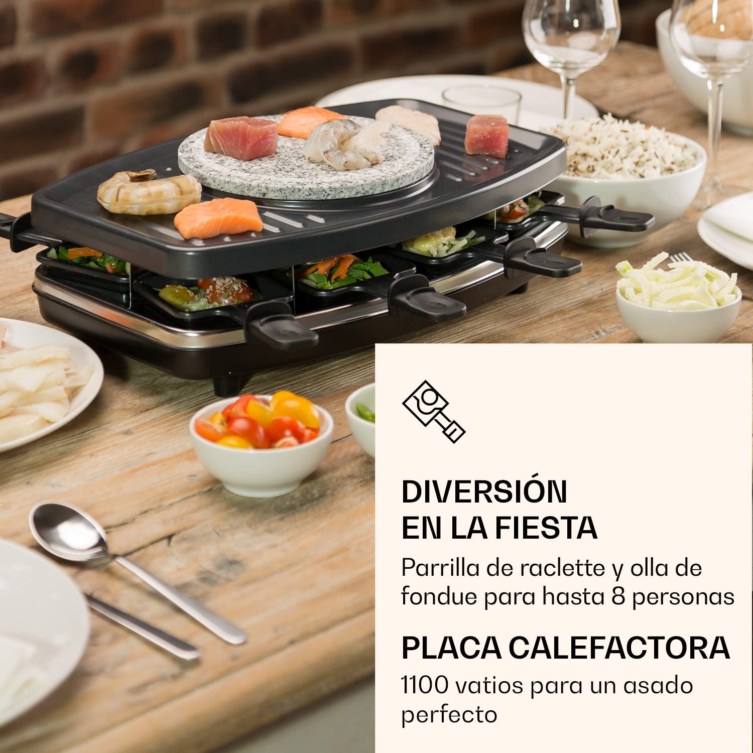 Klarstein Entrecote Raclette - Fondue, Parrilla, Barbacoa-Party, 1100W, regulador de calor continuo, 8 sartenes, Antiadherente, 6 tenedores Fondue, Grill bajo grasa, Negro