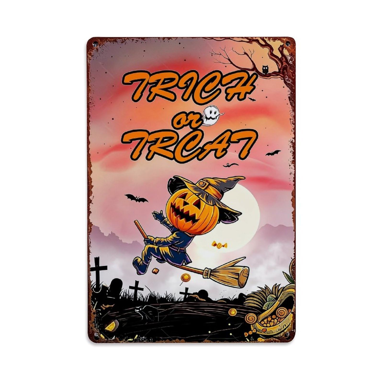 Jdfenggu Vintage Trick Or Treat Pumpkin Witch Broom Retro Metal Tin Sign, Decor Art Poster For Bar, Home, Man Cave, Kitchen, Laundry Room Gift 8X12inch