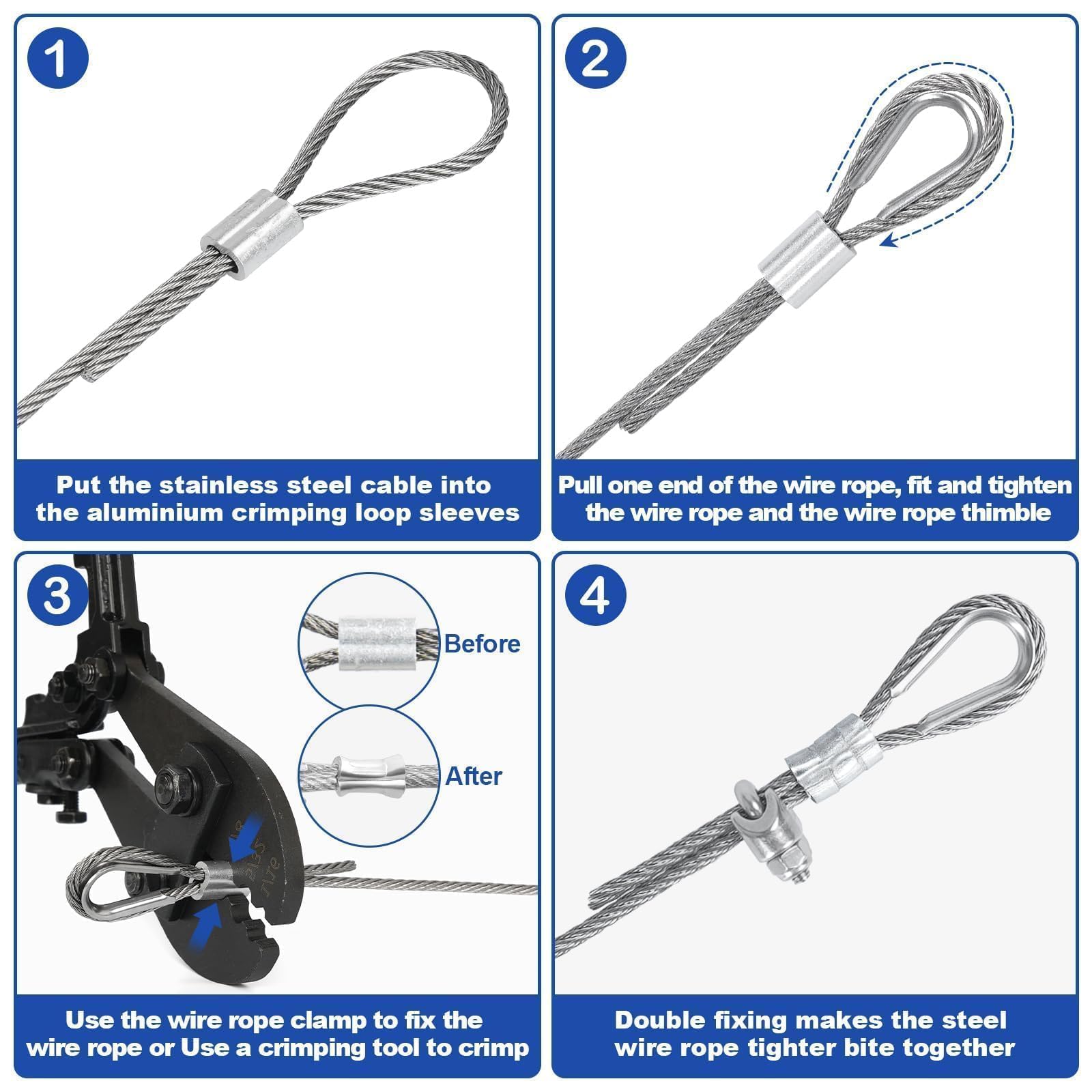 TooTaci 3mm Drahtseil Edelstahl, 30M/3mm Stahlseil mit ösen, 12 Stück M3 Crimphülsen & 6 Stück M3 Seilklemme, 6 Stück Kauschen, 7×7 Edelstahlseil Spanndraht für Zaun, Gardinenseil, DIY Hängen