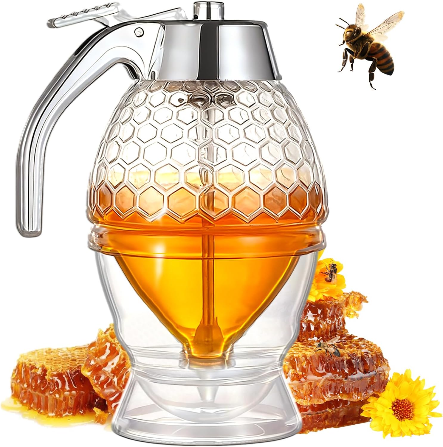 Honey Dispenser - Glass Honey Dispenser No Drip, 8oz Pot with Stand, Maple Syrup Container, Elegant Honeycomb Shaped Jar for Tea Time (general)