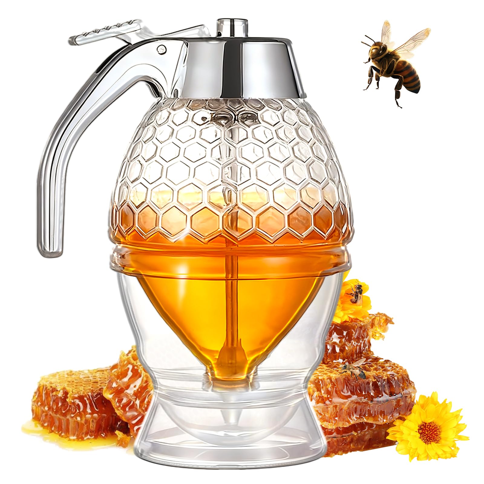 8oz Honey Dispenser - Glass Honey Dispenser No Drip, Pot with Stand, Maple Syrup Container, Elegant Honeycomb Shaped Jar for Tea Time-image-25
