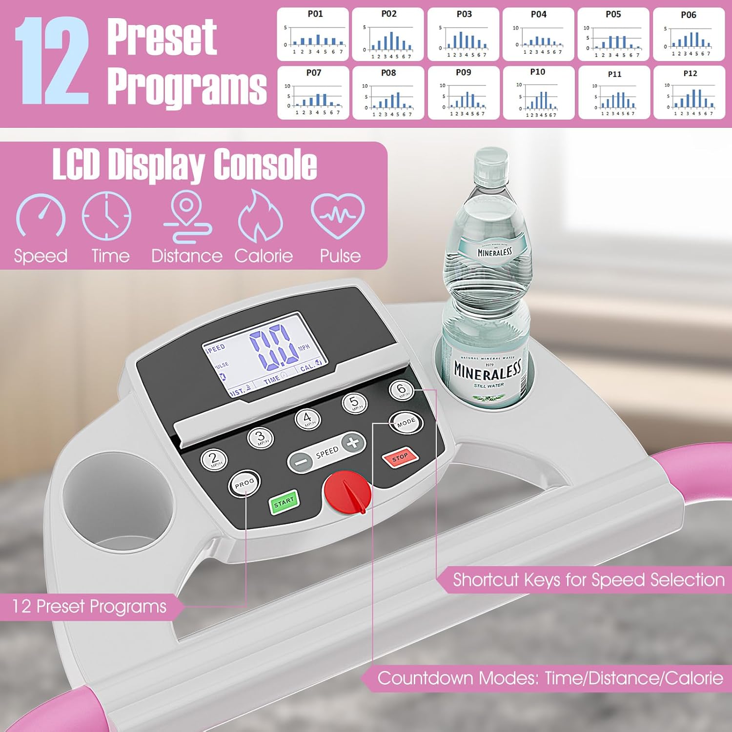 Consola amb pantalla LCD per a cinta de córrer GYMAX amb programes i controls preestablerts.