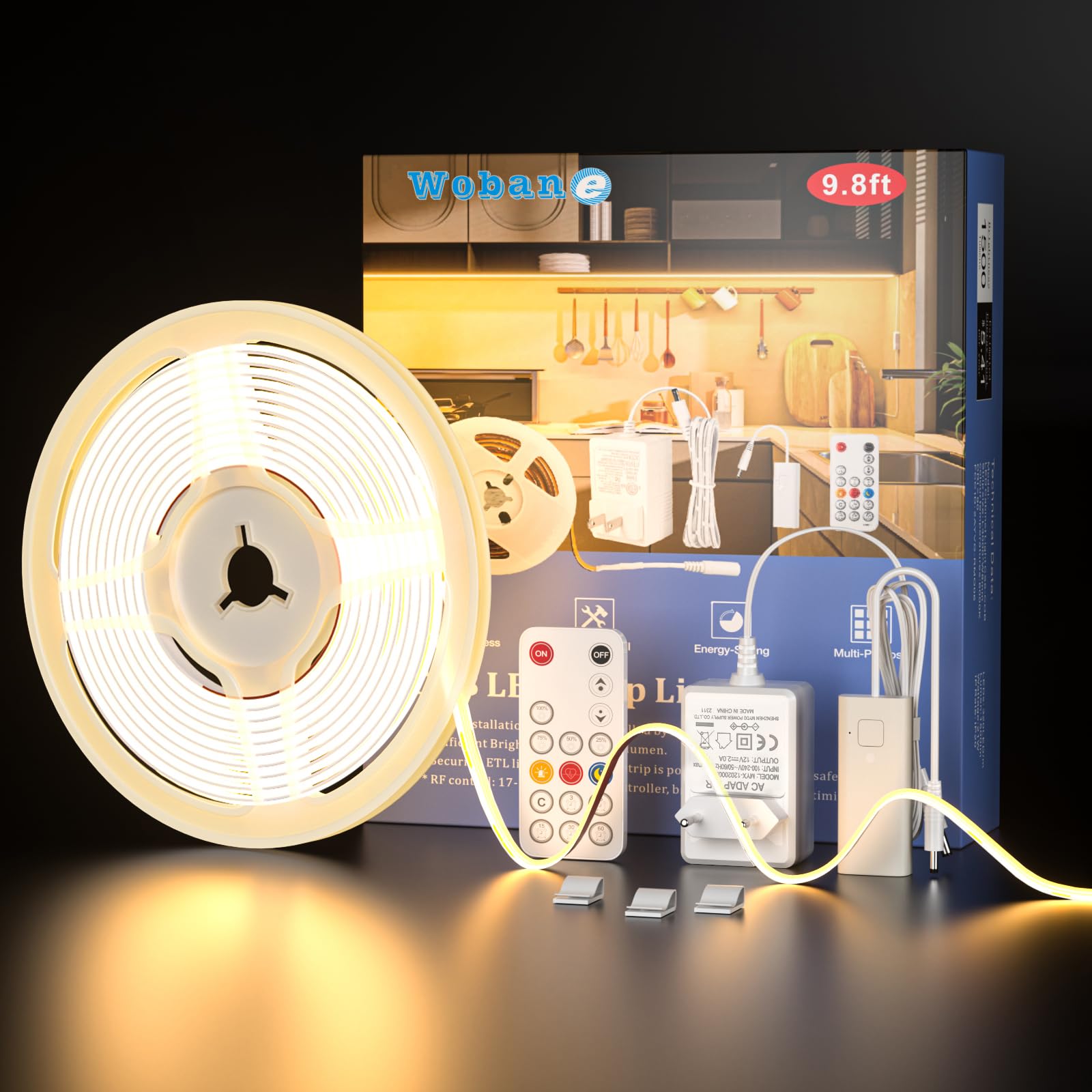 WOBANE 3m COB LED Streifen Warmweisß Dimmbar,960 LEDs,Super Hell LED Strip mit Fernbedienung & Netzteil,12v Unterbauleuchte,Flexibles LED Band für Küche,Schreibtisch,Werkbank,DIY,CRI 90+,1500lm