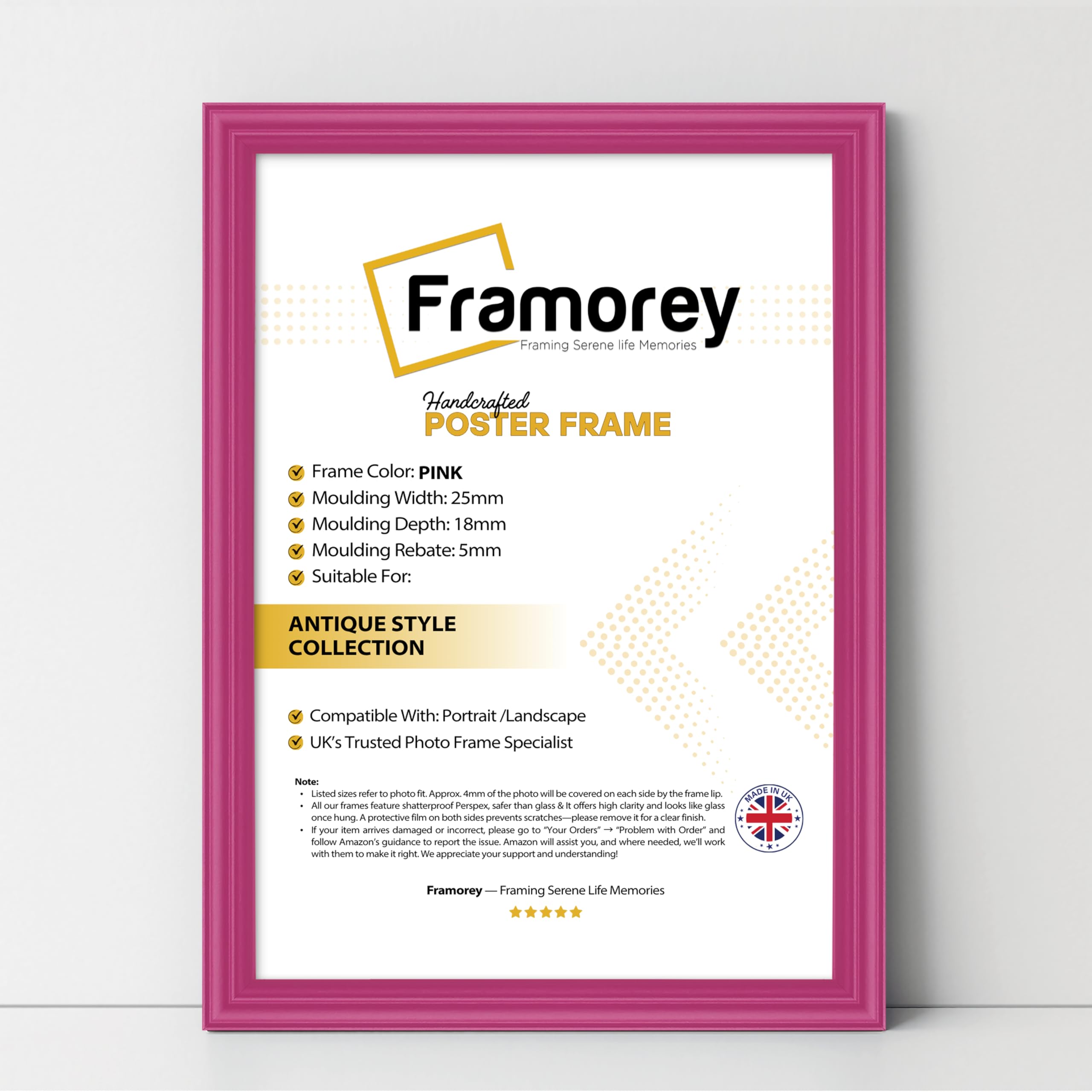 FRAMOREY Pink A4 Size Picture Frame, Wall Hanging Photo Frames, LW Antique Style Print Poster Frame, Wall Hanging Frames, Home Decor Frame,
