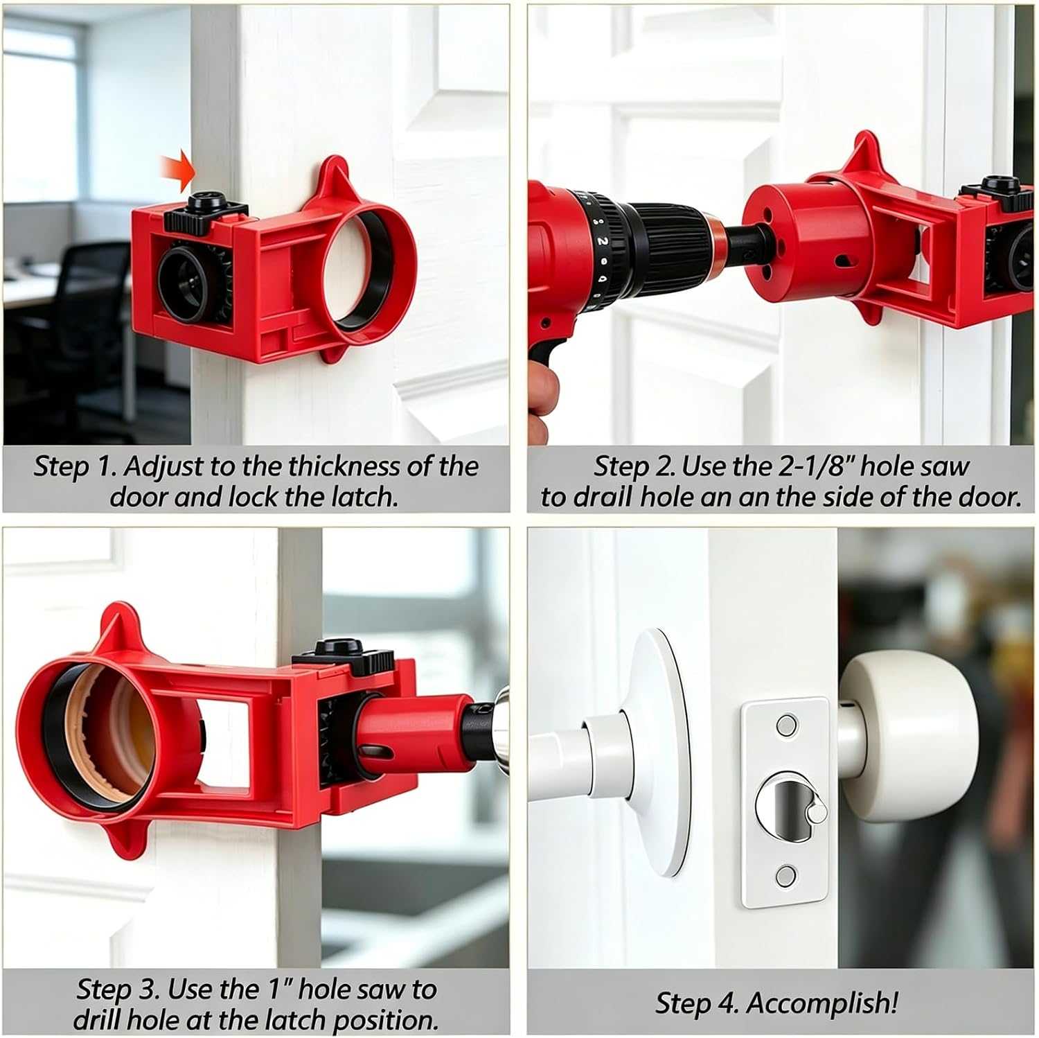 Door Lock Installation Kit, Lock Hole Saw Kit with Guide Template | Carbon steel 1-inch hole saw, 2-1/8-inch hole saw, and 1/4-inch drill bit with jig, suitable for both metal and wood doors.