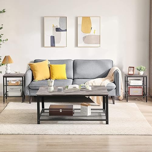 Miniatura 4 de TINKLE WELL Juego de 2 estantes laterales de malla ajustables de 2 niveles, mesita de noche para dormitorio, sala de estar, color gris