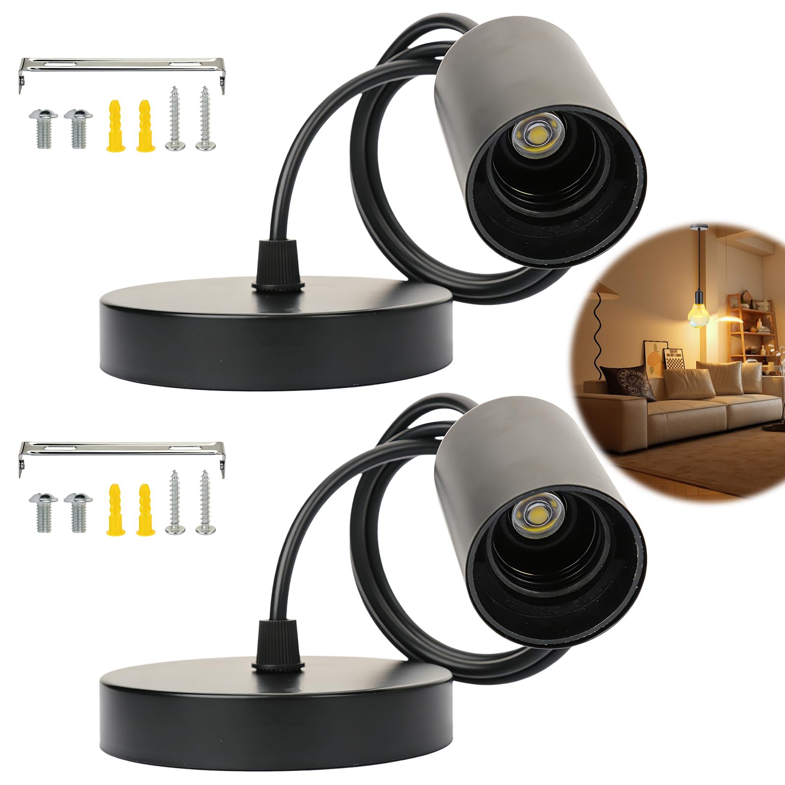 Haefan 2Pcs Ceiling Pendant Light Fitting,E27 Screw Lamp Holder with Lock Ring for Shade with 100CM Adjustable Cable, Rose Ceiling Fitting Bulb Holder Industrial Style Light Pendant Fitting(Black)