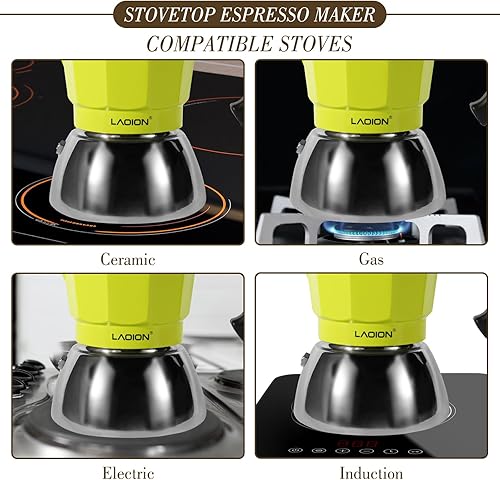 Miniatura 5 de Máquina de café expreso para estufa, olla moka de 3 tazas, máquina de café expreso compatible con cocinas de inducción, 5.1 fl oz de acero