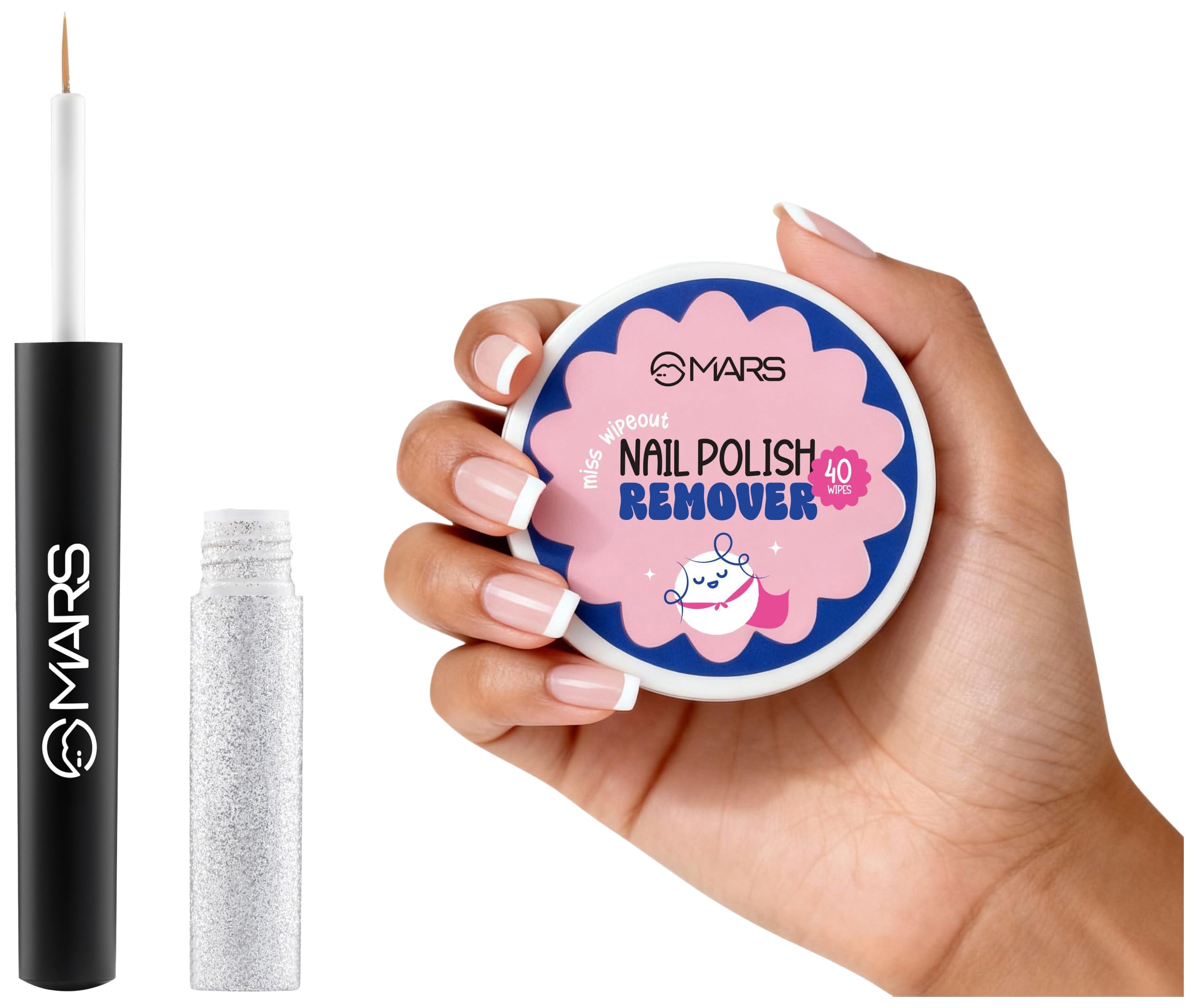 MARS Miss Wipe Out Nail Polish Remover Wipes (40 Wipes) Gentle & Travel-Friendly Twinkle Wink Glitter Eyeliner (1.6 ml) (03-SILVER SPARKLE) Smudge-Proof-image-48