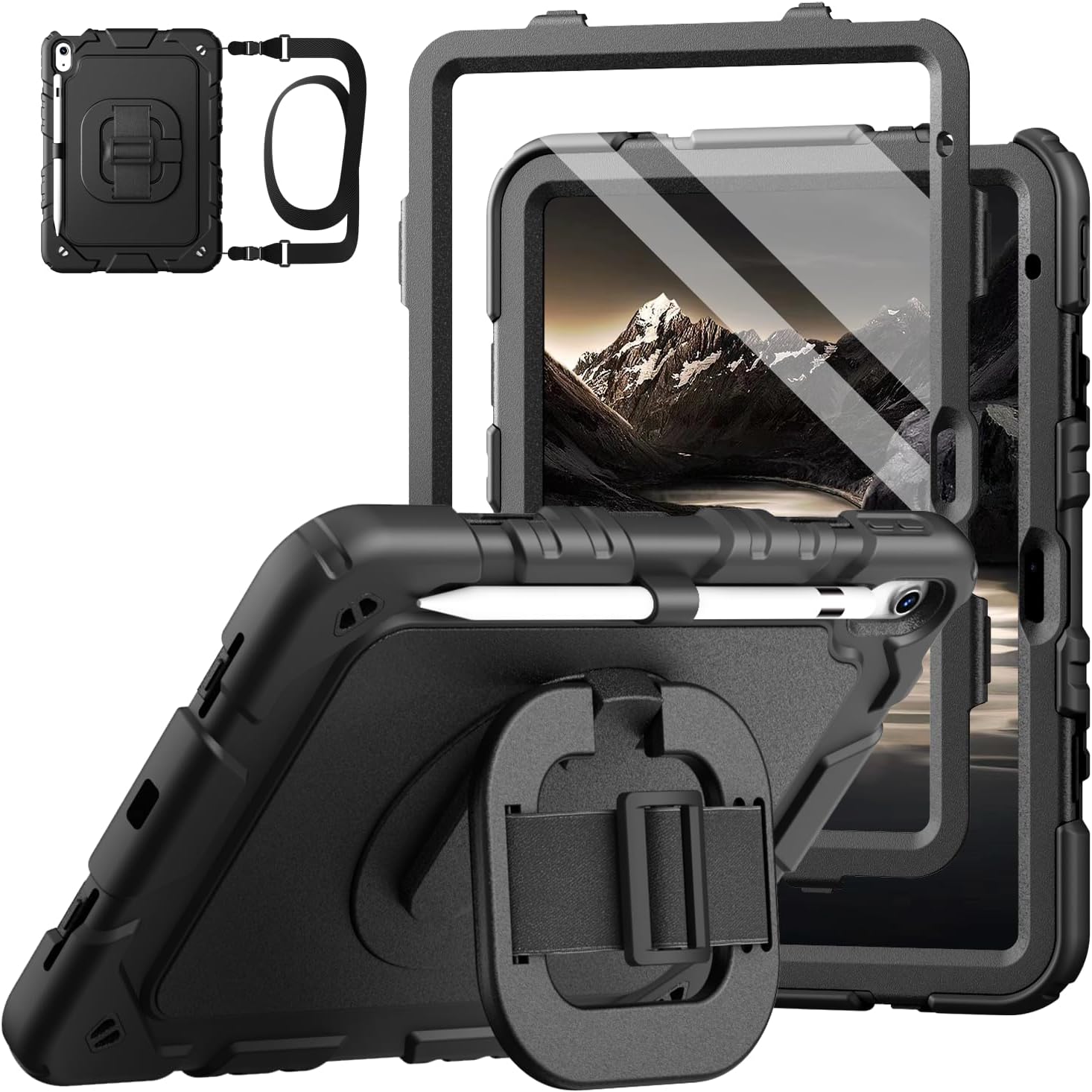 Grifobes for iPad A16 11th/10th Generation Case 2025/2022, for 11 Inch/10.9 Inch iPad Case Cover with Screen Protector, 360°Rotate Stand, Hand & Shoulder Strap, Pencil Holder, Black