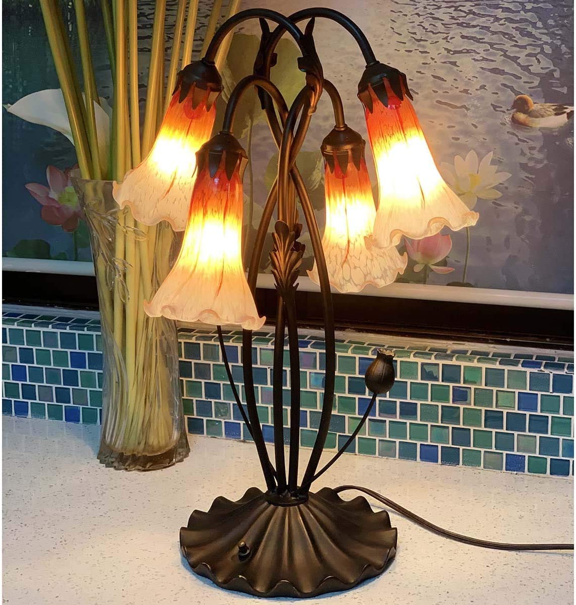 Bieye L30699 Tischlampe mit Lilienblume, geblasenem Glas, Akzent-Tischlampe für Wohnzimmer, Schlafzimmer, Dekoration (Orange, 4 Licht)