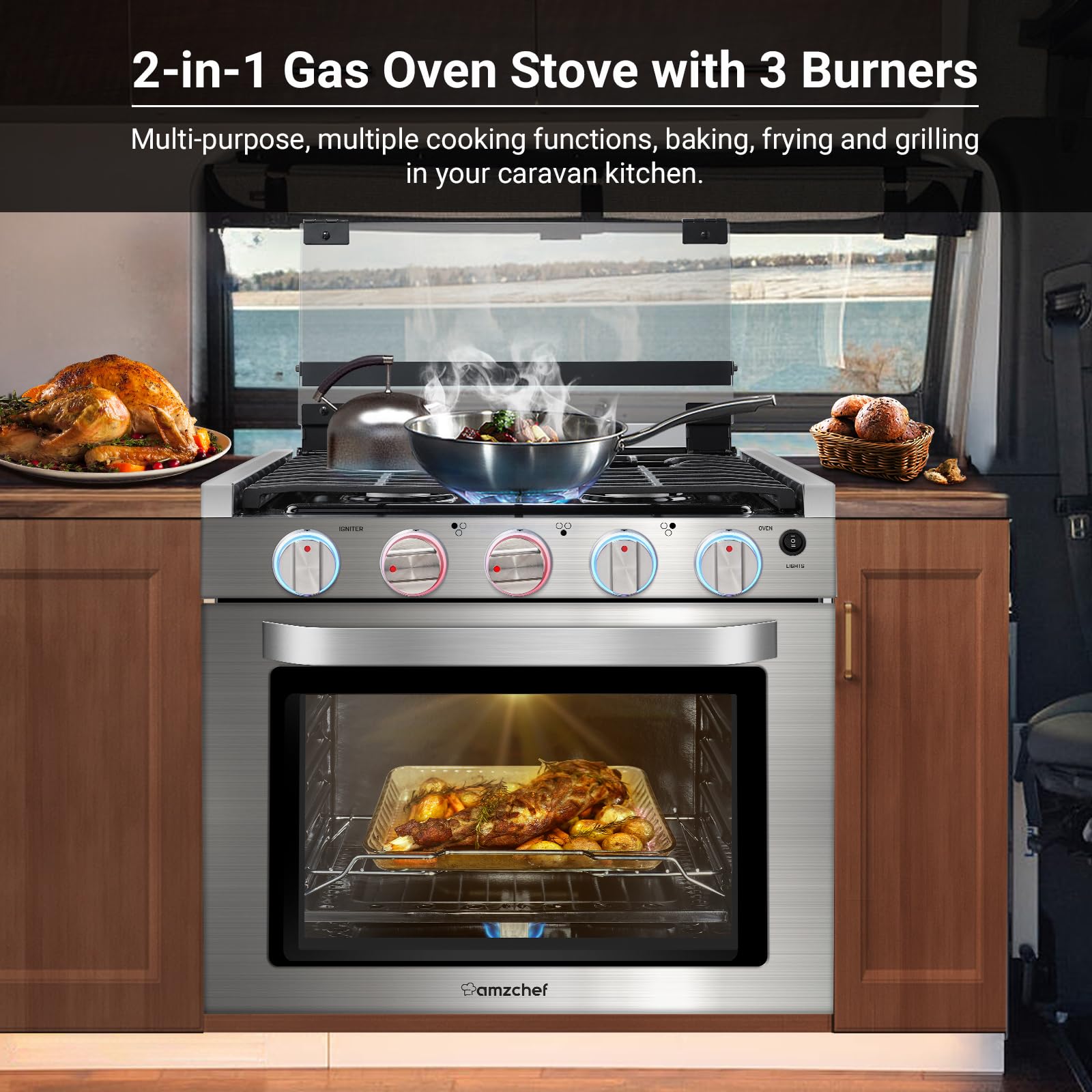 AMZCHEF RV Gas Range 21 Inches Tall,1.77 Cu.Ft Propane Range Oven with 3 Burners Stove for RV, Apartment, Mobile Home, Stainless Steel.