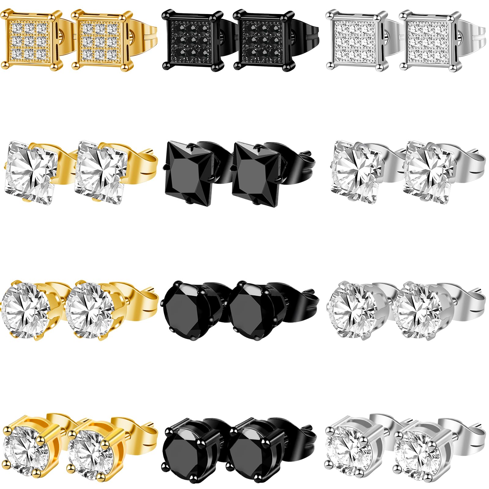 ONESING 12 Pairs Stud Earrings for Men Stainless Steel Mens Earrings Studs Hypoallergenic Cubic Zirconia Earrings for Women Men