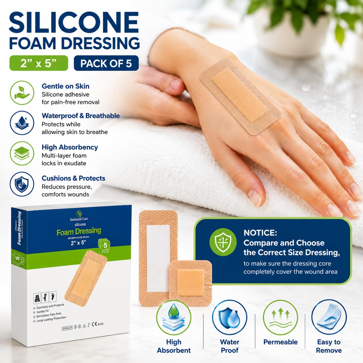Silicone Foam Dressing with Adhesive Border 2"x5" Pack of 5, Silicone Bandages for Wound Care, Waterproof Bandage for Surgical Wounds, Bed Sores & Pressure Ulcers, Gentle Removal & High Absorbency — Amazon image 8