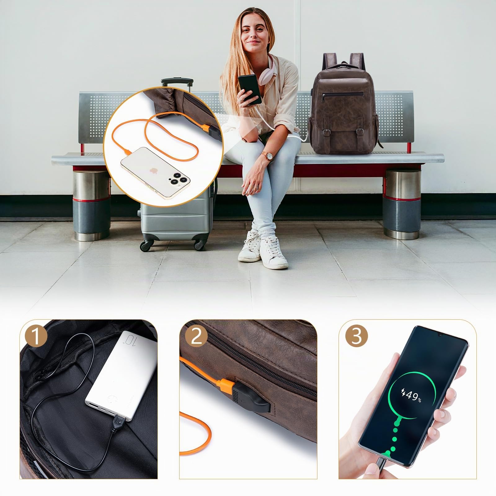 Cuir Sac à Dos de Voyage 40x30x15cm Air France British Airways Wizzair Vueling Bagage Avion Cabine Sous le Siege, Imperméable Sac à Dos Ordinateur Portable pour Femme Homme