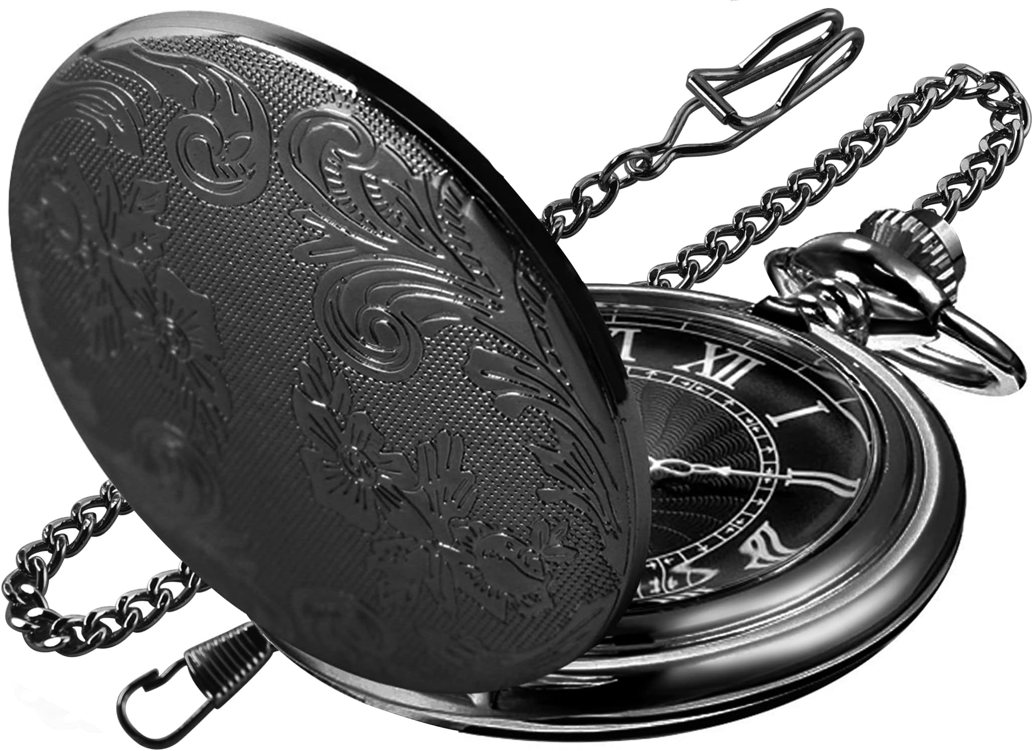 Carved Flower Quartz Pocket Watch with Quartz Movement, Pocket Watch with Chain Clip for Men