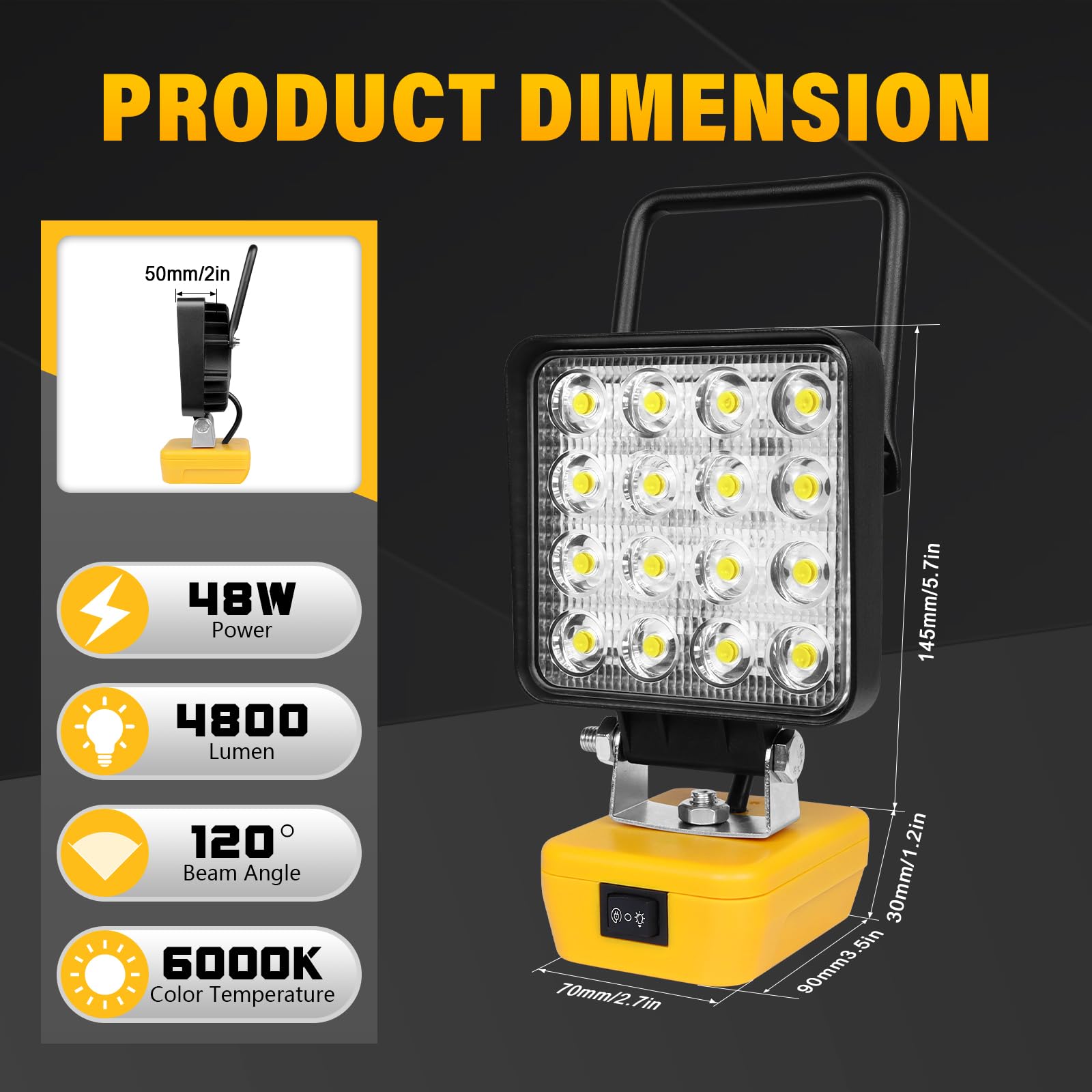 RIGIDON Lampa robocza LED bezprzewodowa 48W 4800lm, kompatybilna z Dewalt 18V/20V, 16 żarówek, 120° kąt wiązki światła, IPX4, -20°C do 60°C